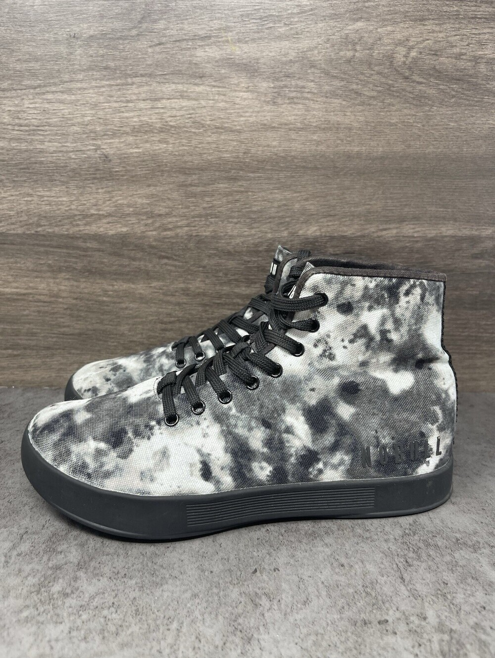 NOBULL High Top Trainer Womens Size 7 Black White Tie Dye Cross Training Shoes
